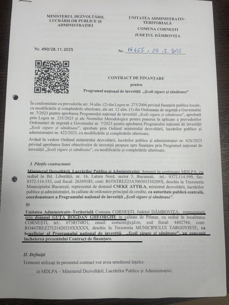 Bogdan Guță, primarul Comunei Cornești din Județul Dâmbovița,  atrage investiții record: peste 20 de milioane de lei pentru educație și semnarea contractului de execuție pentru podul peste Cricovul Dulce